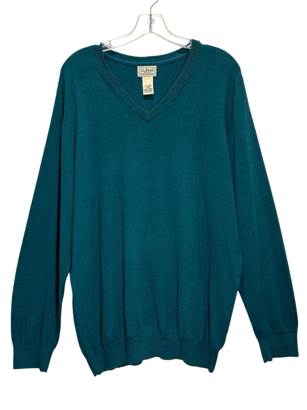 L.L. Bean Men’s Teal Green Cashmere Cotton Blend V-Neck Sweater - Large Tall